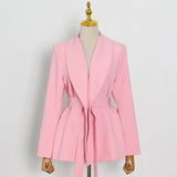 Casual Pink Trouser Suits Female Notched Long Sleeve Korean Slim Blazer High Waist Wide Leg Pants Women's Suit