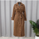 Brown Suede Long Belt Trench Coat-Outfit
