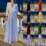Fongt Buy Through The New Fashion V-Neck Long-Sleeved Shirt Temperament Elegant Waist Display Thin Bright Leg