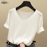 Short Sleeve Blouse Women Tops 2021 Solid Korea Summer Shirt Thin V-neck Knit Female Tee Shirt Dames Gebreid Shirt