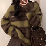 Vintage Round Neck Striped Sweater-Outfit