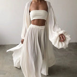 TWOTWINSTYLE White Sexy Three Piece Set For Women Slim Vest Lantern Sleeve Coat Wide Leg Pants Loose Sets Female Fashion