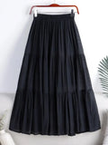 Linen Casual Elastic Waist A-LINE Long Skirts for Women Fashion 2023 LOOSE Splice Solid Vintage Harajuku Black