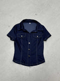 Fongt Style Personality Hottie Work Clothes Imitation Denim Shirt V-Word Collar Three Buckle Cardigan Casual Top