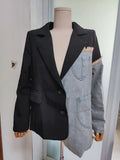 Women Fashion Blazer Denim Patchwork Jackets 2024 Autumn Winter Irregular Coat Female Long Sleeve Loose Outerwear TH880-Outfit
