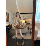 Fongt Blue Oblique Shoulder Design Long-Sleeved Shawl Dress Women Autumn Lazy Wind Top A Word Half-Body Dress Two-Piece