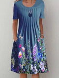 Floral Print Round Neck Pocket Mid-length