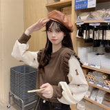 Fongt Spring Splicing Bubble Sleeve Knitted Sweater Women's Season Design Sense Niche Lotus Side Long Sleeve