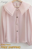 Shirts Women Korean Fashion Female Clothing Solid Double-layer Long Sleeve Chiffon Blouses Autumn Button Basic