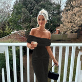 Knit Off-Shoulder Pleated Wrap Maxi Dress-Outfit