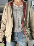 Women Red Checkered Lining Jacket Coats 2023 Fall Retro Stand Collar Long Sleeves Solid Color Jakcets Female Chic Outwear-Outfit