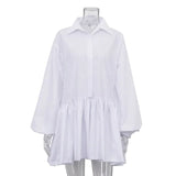 Fongt Women's Fall 2023 New Solid Color Commuter Pleated Skirt Lapel Bubble Sleeve Shirt Dress Women-Outfit