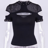 Dark Grunge Elegant Transparent T-shirts Gothic Style Punk Hollow Out Mesh Summer T-shirt Patchwork Sexy Fashion 2021