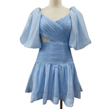 Solid Cut Out Dress For Women V Neck Short Sleeve High Waist Ruched Mini Dresses Female Summer Clothing New