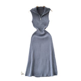 Fongt A Small-Sized Lap Collar Zipper Sleeveless Dress Women Decorate The Body Thin Leisure Medium Long Over-膝 Knit Dress