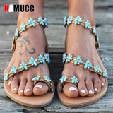 Flat Sandals Sweet Boho Pearl Decoration Sandals Women Beach Sand Holiday Shoes Leather Flats Plus