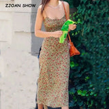 Bohemian Brown Floral Print Backless Sling Dress Summer Holiday Woman Adjust Spaghetti Strap Dresses Beach Holiday