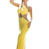 Sexy Hollow Water Drill Wrapped Side Hanging Neck Lemon Yellow Dress Stylish Hot Holiday Party