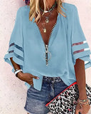 Zipper Half Bell Sleeve Mesh Solid Color Stitching Loose Casual Women's