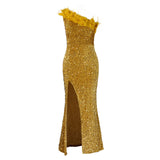 Fongt New Fashion Temperament Tagonal Banquet High Waist Open Fork Dress Dress