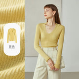 Office Lady White Yellow Black Loose Wool Sweater Women Autumn 100% Wool Thin Bottoming Sweater V-neck