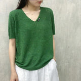 Fongt Summer Solid Color Loose Short-Sleeved Bottom Shirt Literary Casual Jacket V-Neck Knit T-Shirt Women-Outfit