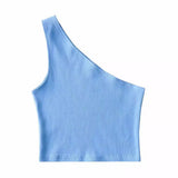 Fongt Autumn / Winter Ebay Sleeveless Diagonal Shoulder Vest Female Ins Fashion Wear A Slim Open Shoulder Short Crop Top-Outfit