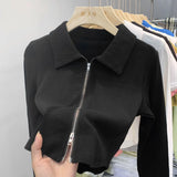 Design Sense Niche Double Zipper Polo Collar Jacket Women's Early Autumn New Threaded Short Top Knitted