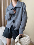 Big Button Cardigan for Women Loose Thickening Turn-down Collar Knit Sweater Autumn and Winter 2023 Grey Cardigan