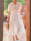 Fongt New White Dress Women's Bubble Sleeve French Embroidery Design Sense Windy Resort Women's