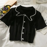 Summer Women Knitted Short Sleeve Patchwork Polo Collar Cropped T-shirts Girls Large Elastic Slim Tshirt Tees Crop Tops-Outfit