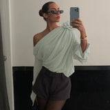 Fongt Trend Street Sexy Mesh Diagonal Shoulder Chiffon Flower Decoration Long Sleeve T-Outfit