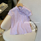 Chinese Style Blouse Purple Improved Cheongsam Blouse Women's 2024 New Summer Lady Button Short-Sleeved Shirt-Outfit
