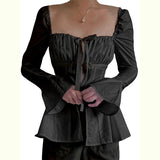 Fongt Shirt Women's Slim Pleated Strap Set Horn Long Sleeve Top Y2K-Outfit