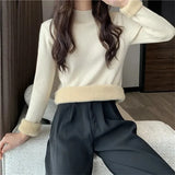 Women's Fall Winter Thicken Slim Sweater Casual Mock Neck Plus Velvet Knitted Tops Warm Soft Jumper Basic Knitwear Jumper