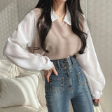 Fongt Plus Size Fat Mm Fake Two T-Shirt Female Splicing POLO Collar Long Sleeve Hoodie Screw Thread Loose Versatile