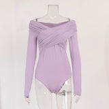 Shoulder Onesie 2024 Hot Top Sexy Cross Pleated One-Line Shoulder Long Sleeve Onesie-Outfit
