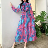 Fongt Retro Elegant Dress Women's Summer New Sweet Wooden Ear Splicing Long Sleeves Waist-Print Dress