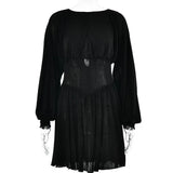 Temperament Round Neck Lantern Sleeve Dress Sexy Hot Girl Slim Pleated Skirt Elegant Party Club Outfit Vestidos-Outfit