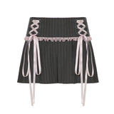 Fongt Cloth Forget French Ballet Style Striped Bow Lace Spliced Skirt Dress Suit