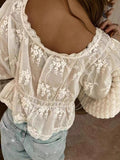 Fongt Sexy Lady U Collar Embroidered Long-Sleeved Shirt LX0065