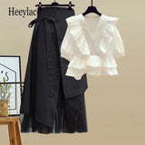 Women Summer Skirts Sets Korean Streetwear Two Piece Sets Ruffles Patchwork Shorts Sleeve Blouse And Irregular Long Skirts