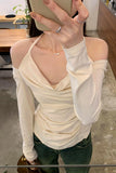 Chic Shoulder-Exposed Shoulder Collar Long-Sleeved T-Shirt Women's Early Autumn New Pleated Thin