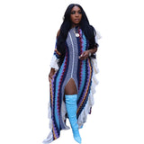 Fongt New Women's Dress Flounce Knitted Striped Slit Dress-Outfit