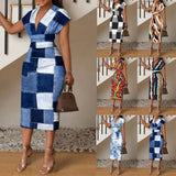 Burst Spring / Summer New Simple V Neck Bag Hip Print Dress Women's Dress-Outfit