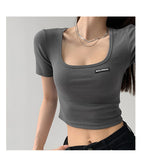 Fongt Collar Dew Collarbone Slim Bottom Shirt 2024 Summer New Short-Sleeve Crop Cord T-Shirt Student Short Jacket Female