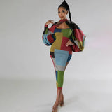Fongt New Fashion Splicing Color Print Long-Sleeved Large-Size