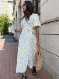 Print Dress 2024 New Women's Bubble Sleeve V Tie With Short Sleeve Print Dress-Outfit