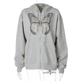 Oversized Butterfly Graphic Rhinestone Zip Up Hoodies-Outfit