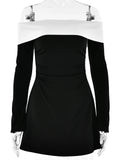 Off-Shoulder Color Block Long Sleeve Mini Dress-Outfit